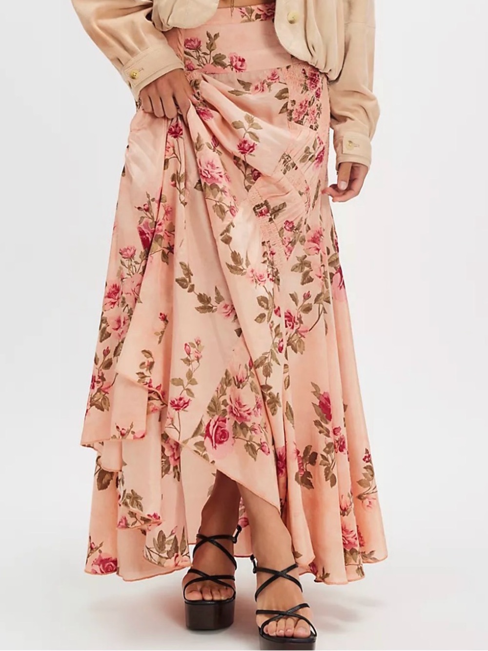 Free People Rowan Maxi Skirt Pink Floral Boho Prairie A-Line Size